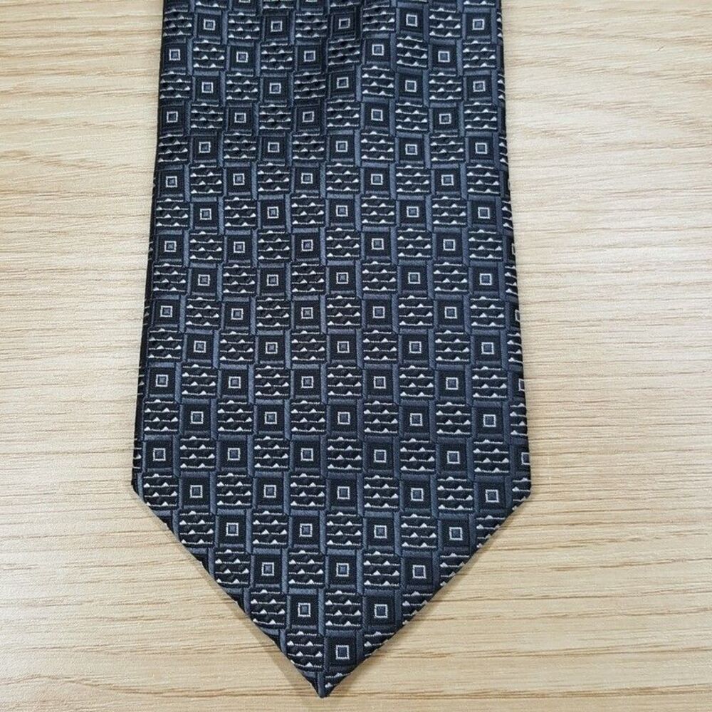 PERRY ELLIS Mens Neck Tie Black Gray Geo Tile Square Modern Classic